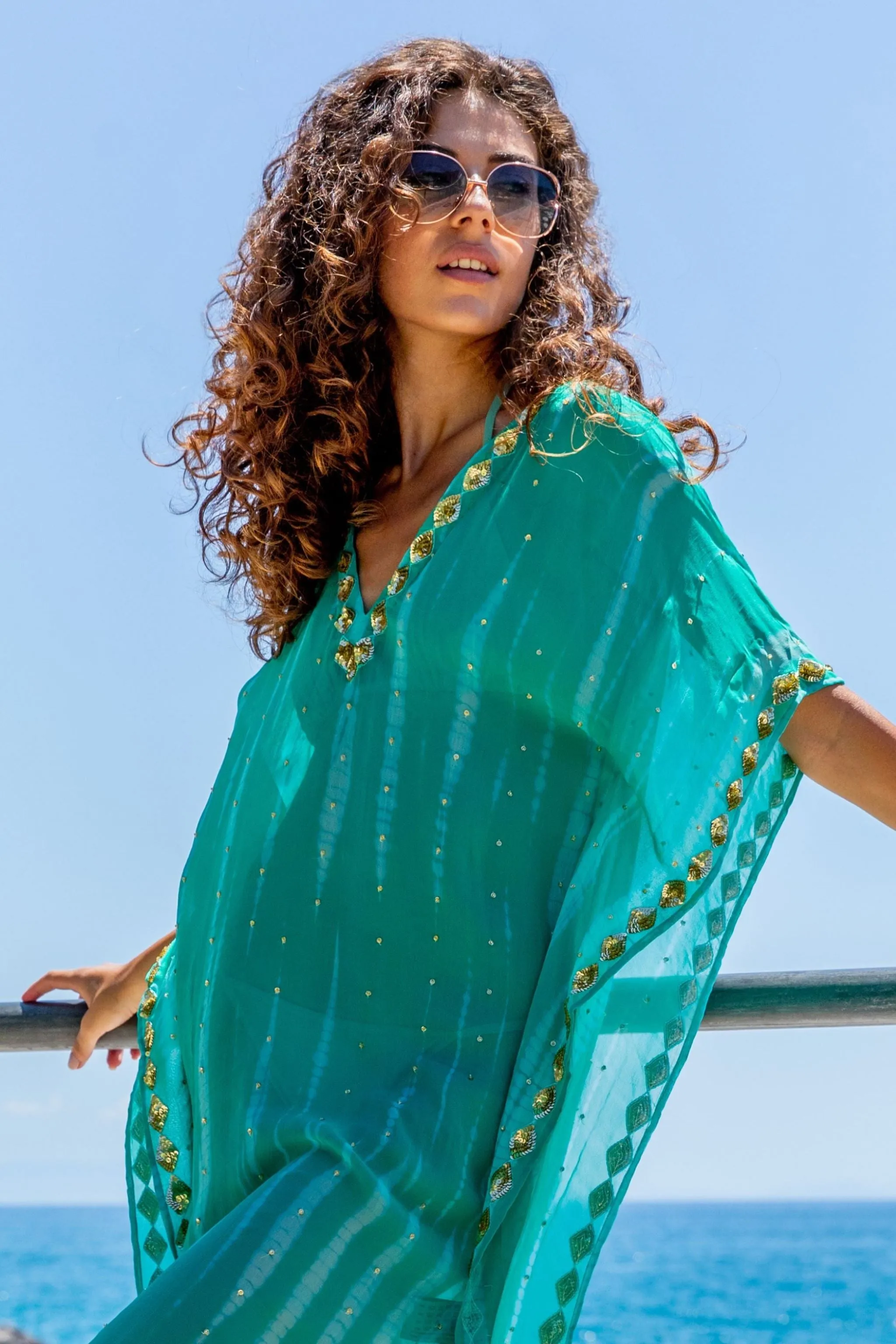 Aqua silk floaty designer beach cover up