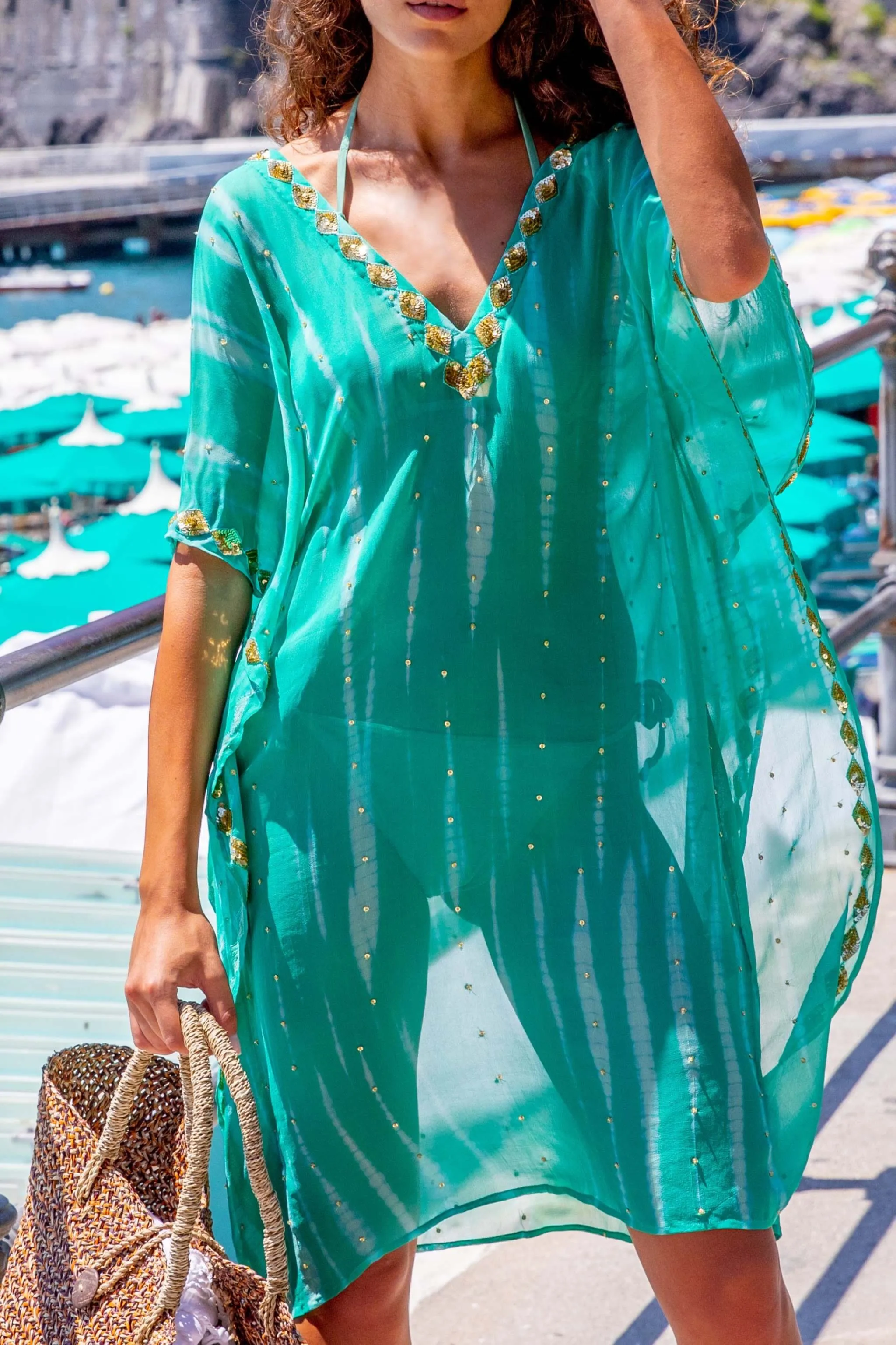 Aqua silk floaty designer beach cover up
