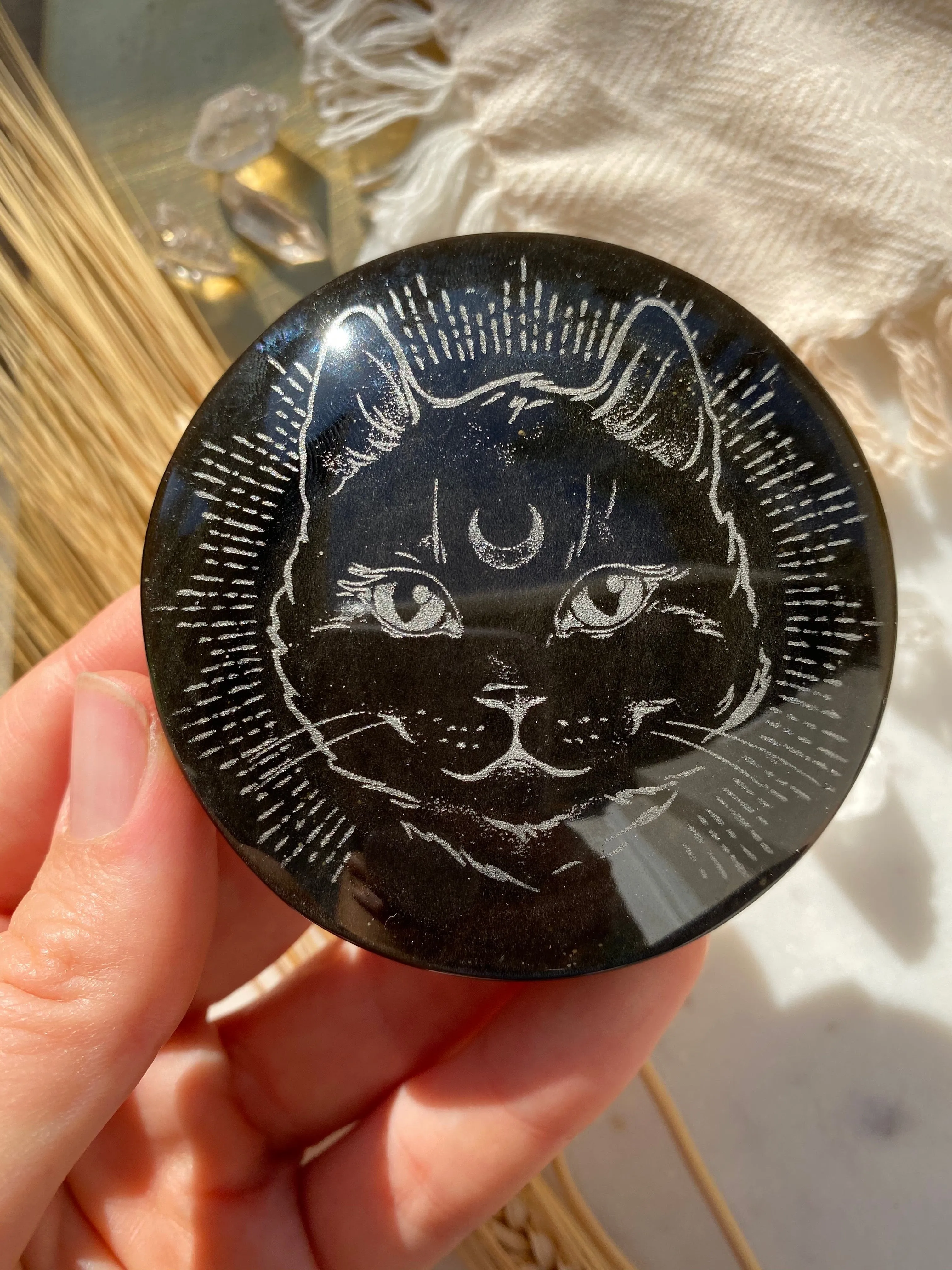 Gold Sheen Obsidian Disc Crystal Grid with Midnight Familiar Cat