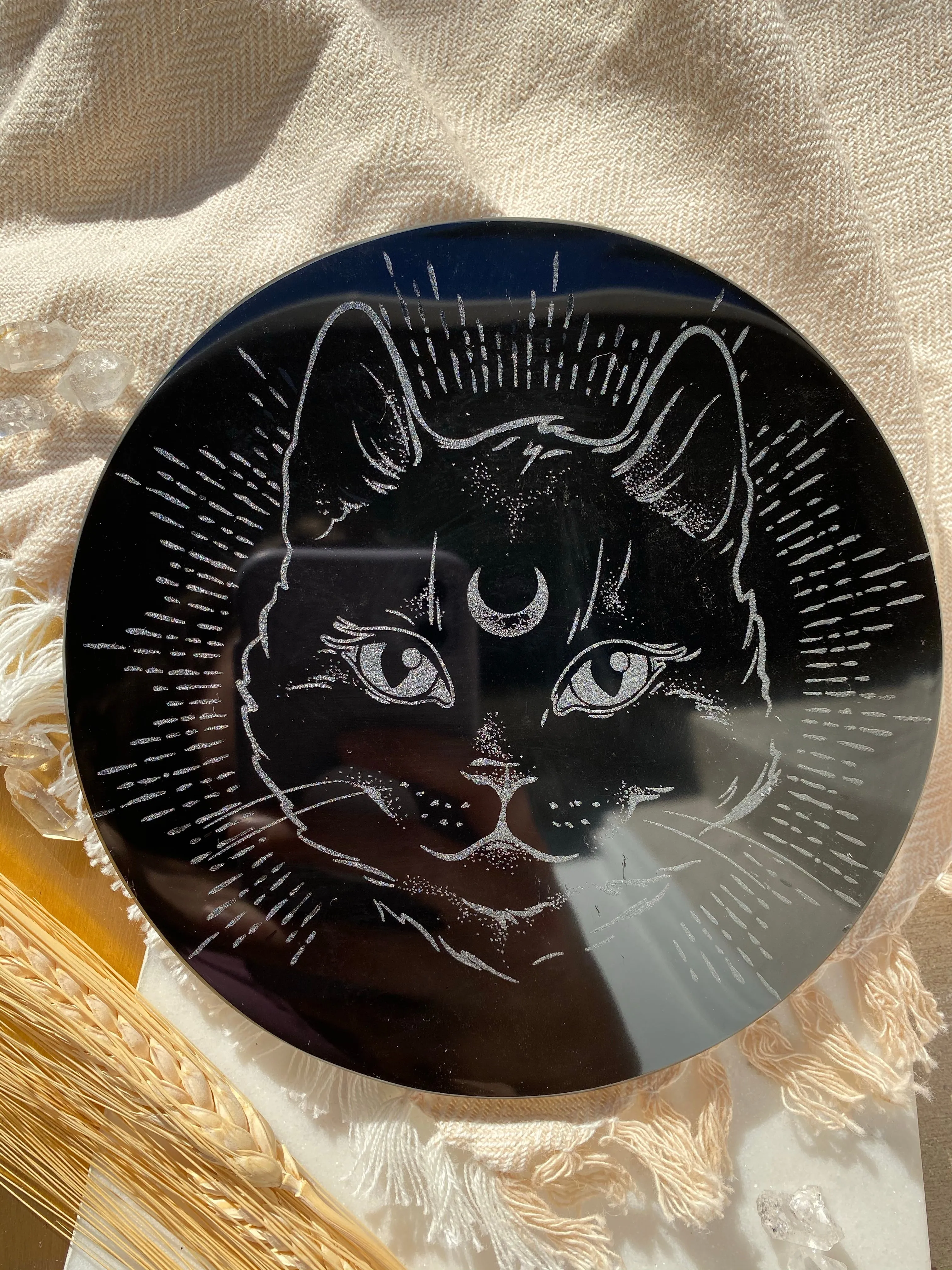 Gold Sheen Obsidian Disc Crystal Grid with Midnight Familiar Cat