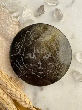 Gold Sheen Obsidian Disc Crystal Grid with Midnight Familiar Cat