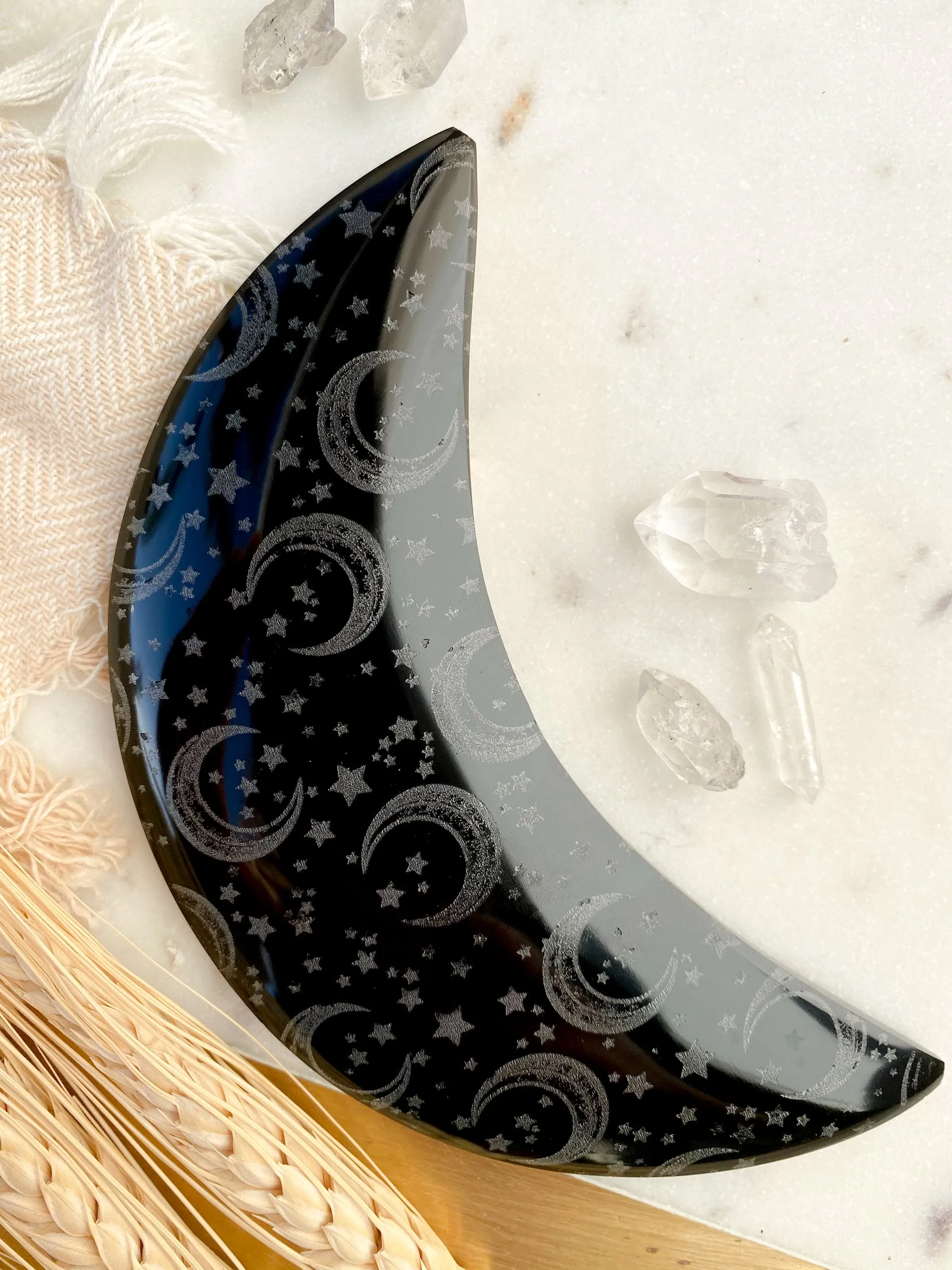 Gold sheen Obsidian Moon Etched with Celestial Bodies