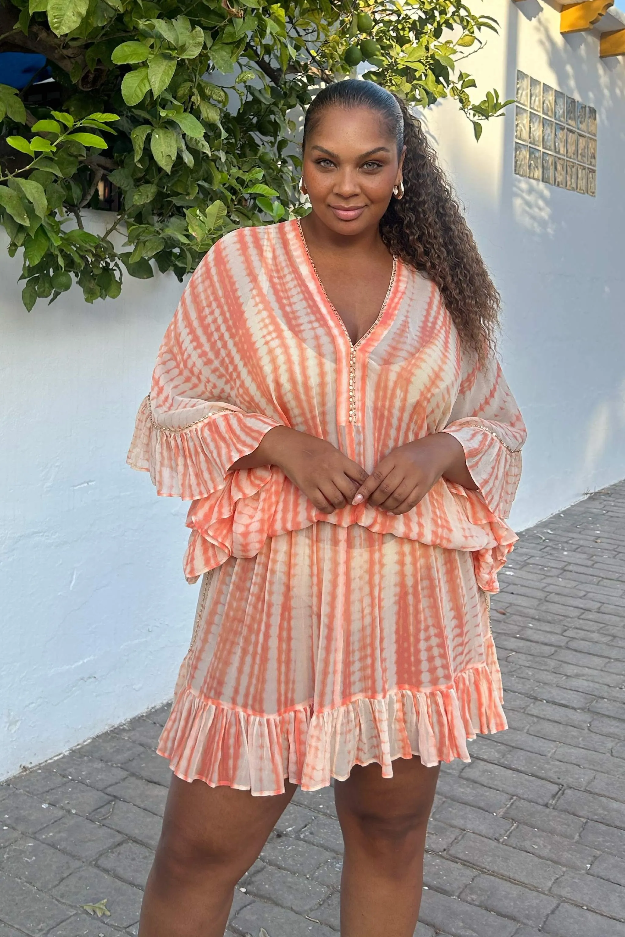 Peach Drop Waisted Silk Kaftan Dress