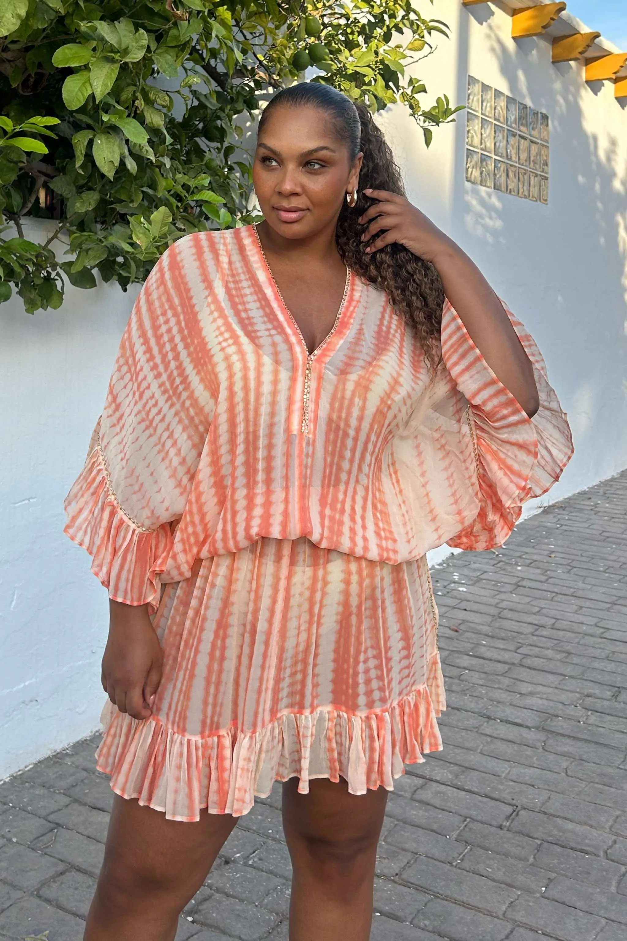 Peach Drop Waisted Silk Kaftan Dress