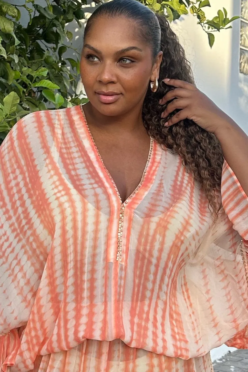 Peach Drop Waisted Silk Kaftan Dress