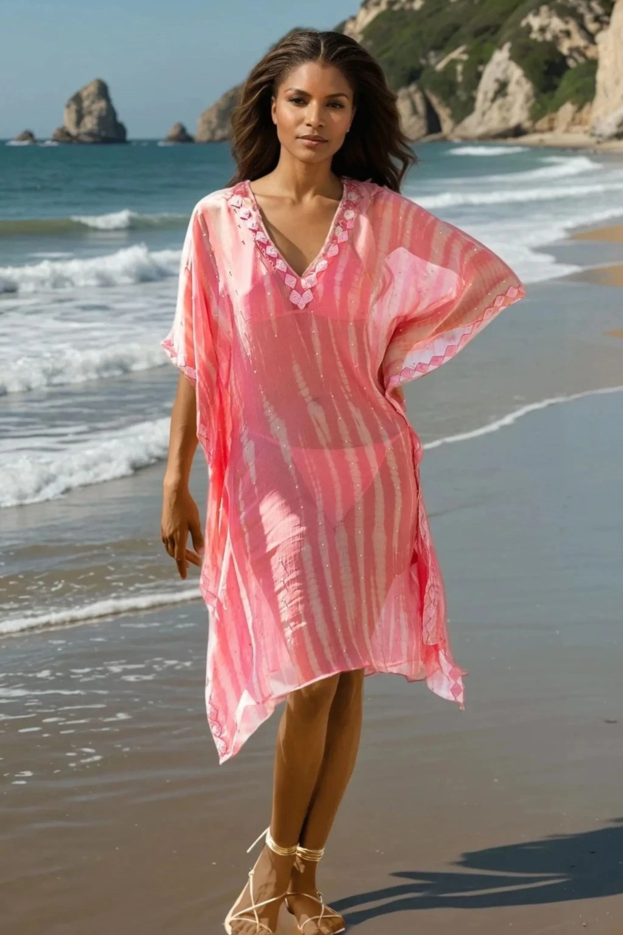 Pink silk loose designer beach cover-up