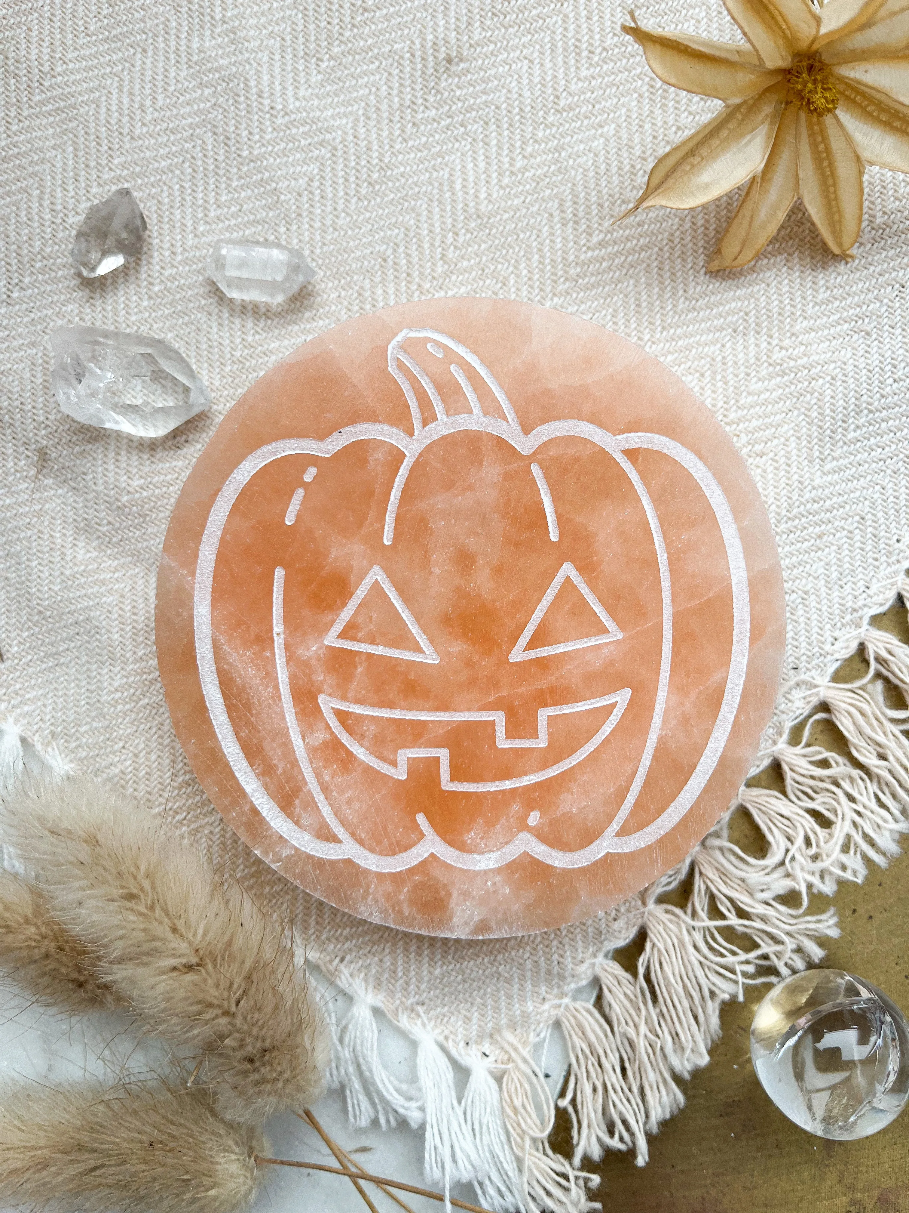 "Jack o Lantern" Pumpkin Selenite Cleansing & Charging Plate and Crystal Grid