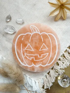 "Jack o Lantern" Pumpkin Selenite Cleansing & Charging Plate and Crystal Grid
