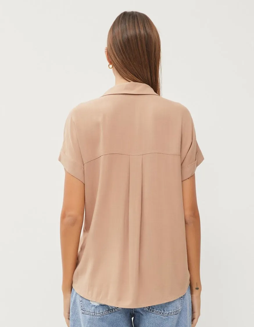 Taupe Relaxed Button Down Short Sleeve Top w/Front Pocket