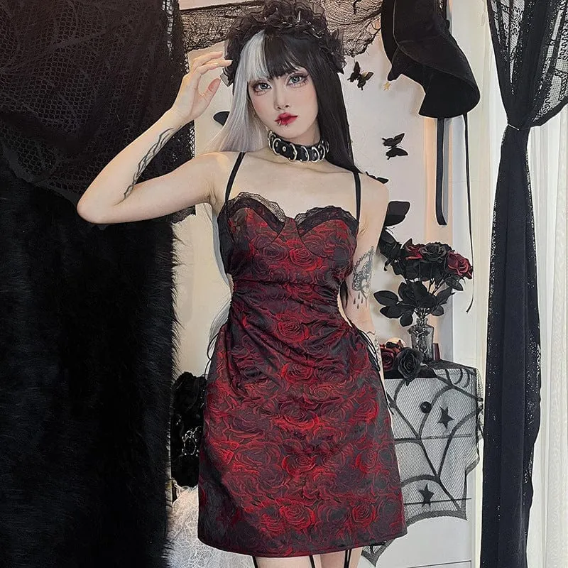 Women's Gothic Cutout Rose Printed Slip Dress